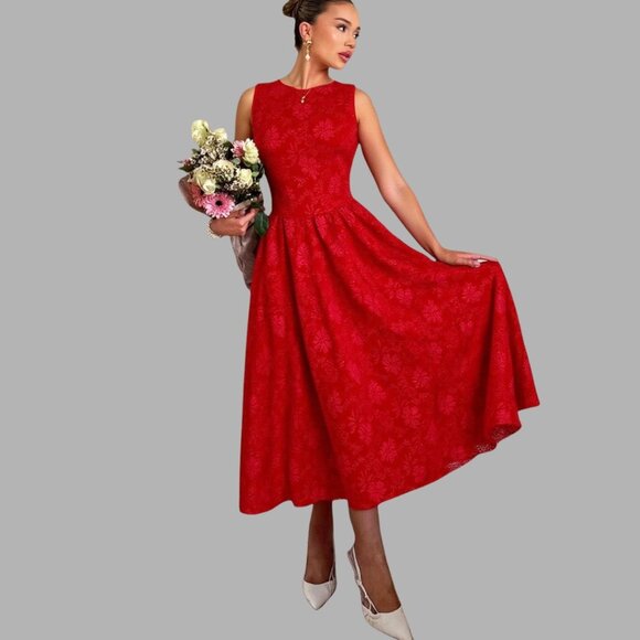 Backless Square Neck Sleeveless A-Line Dress Red - Picture 1 of 5